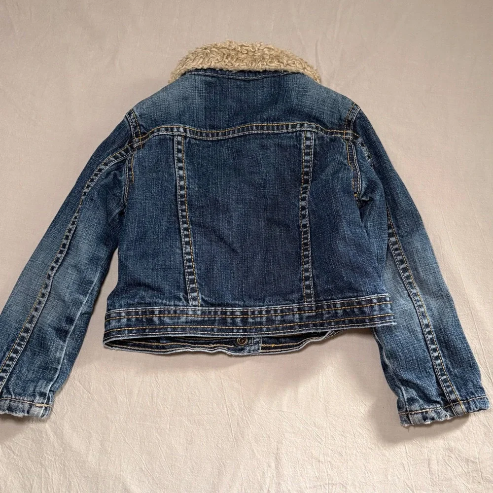 Gap‎ Kids Girls Blue Denim Jacket Sherpa Collar Fair Isle Knit Lined Size 3